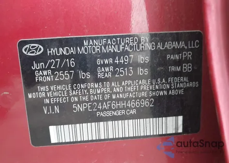 2017 Hyundai Sonata Se из США, поврежденный, VIN 5NPE24AF6HH466962